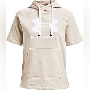 Under Armour Women's Rival Fleece Short Sleeve Hoodie in oatmeal heather/tan